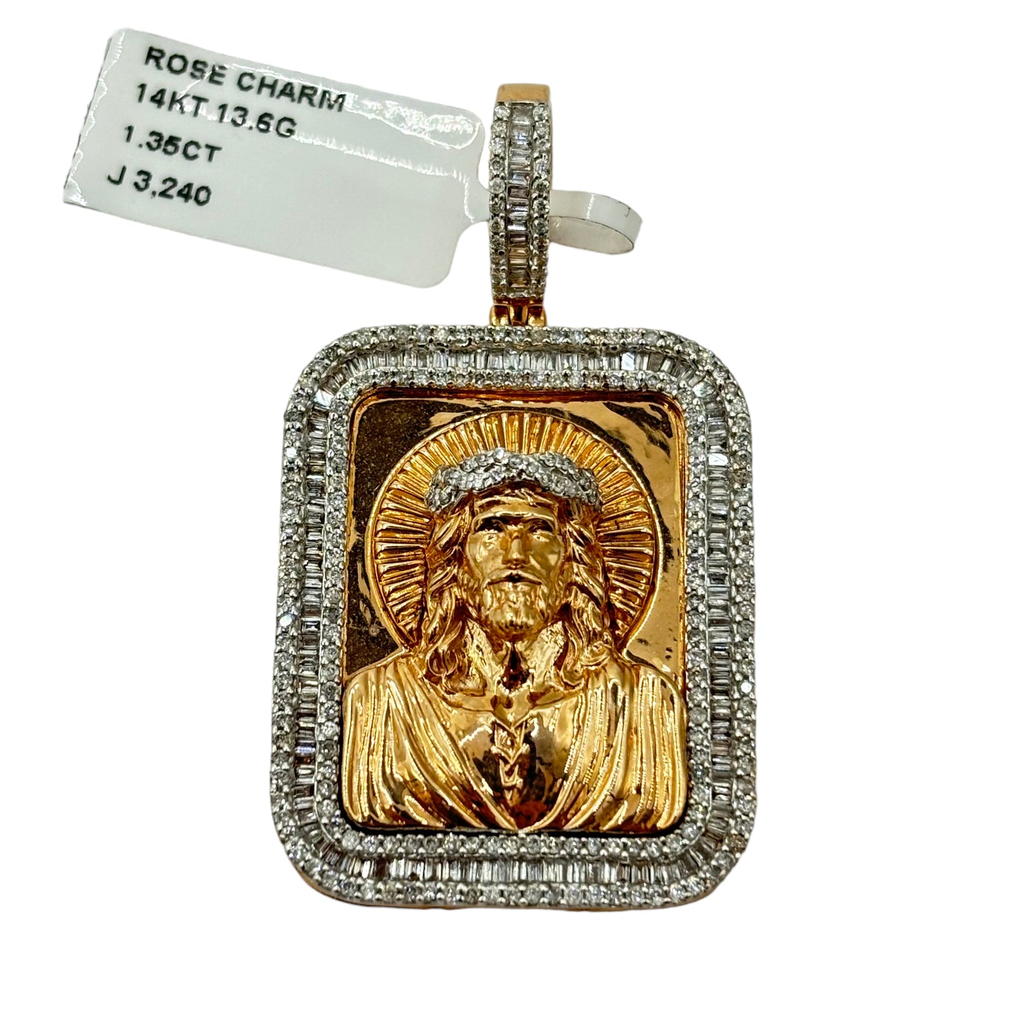 SOLID 14KT GOLD VVS-1 NATURAL DIAMOND JESUS BAGUETTE BORDER PENDANT