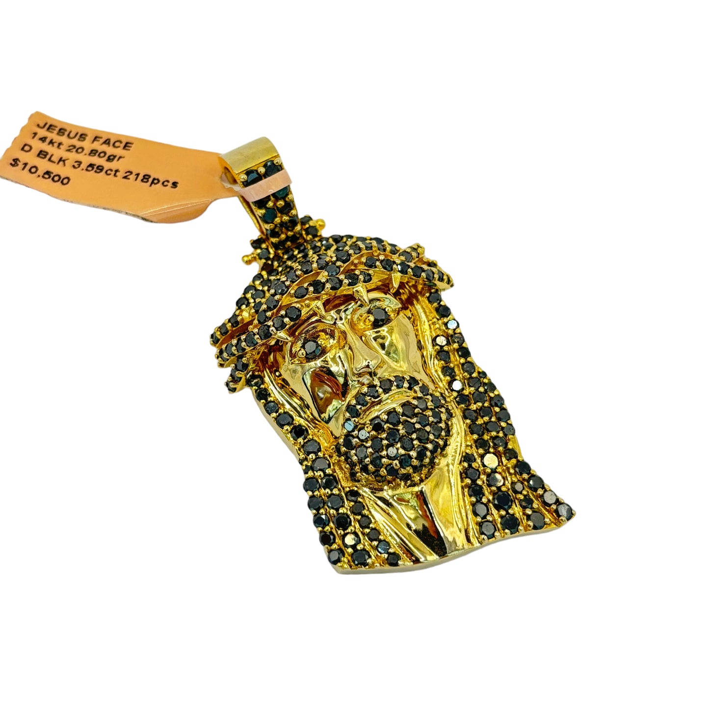 SOLID 14KT GOLD NATURAL BLACK DIAMOND MEDIUM JESUS HEAD PENDANT