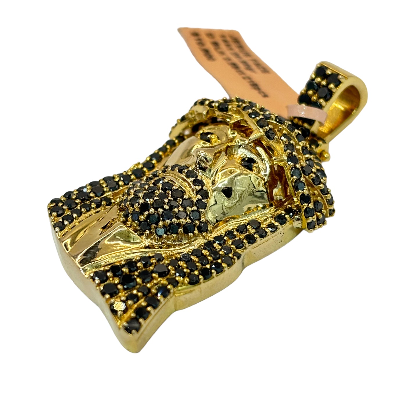 SOLID 14KT GOLD NATURAL BLACK DIAMOND MEDIUM JESUS HEAD PENDANT