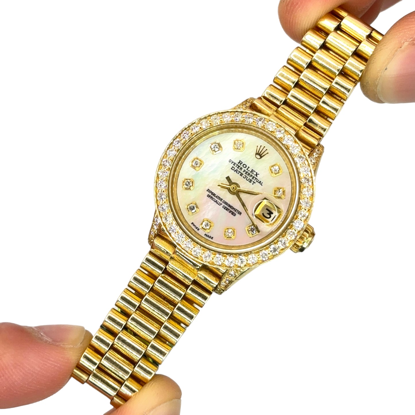 ROLEX DATEJUST 26MM 18KT SOLID GOLD LADIES .90CTW DIAMOND BEZEL & DIAL