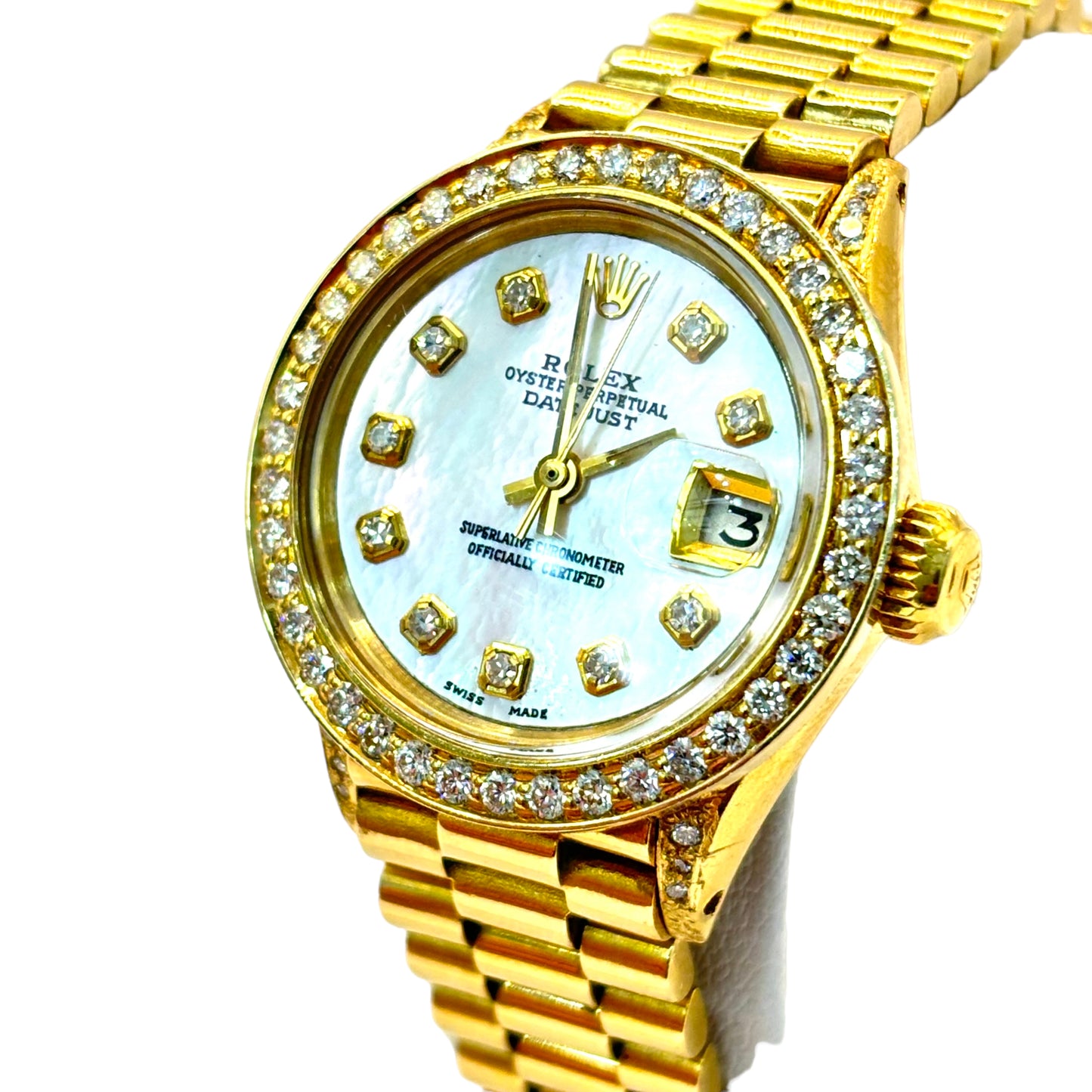 ROLEX DATEJUST 26MM 18KT SOLID GOLD LADIES .90CTW DIAMOND BEZEL & DIAL