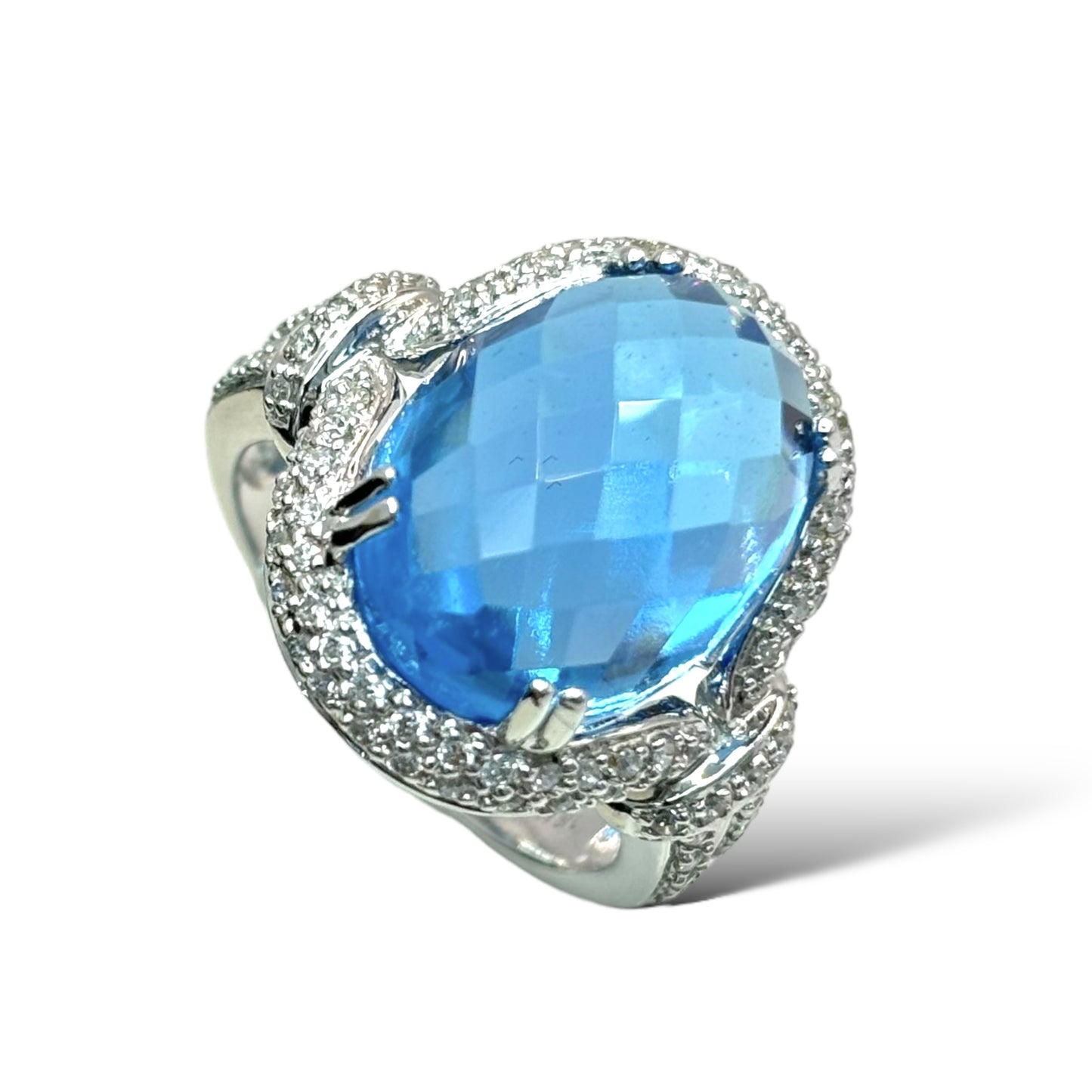 1/1 ESTATE 18KT WHITE GOLD 10.00 CTW BLUE TOPAZ RING