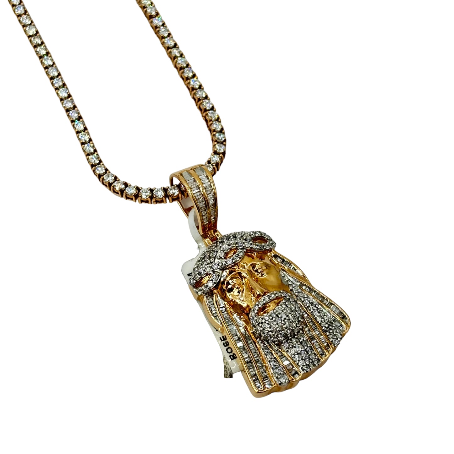SOLID 14KT GOLD BAGUETTE AND ROUND VVS-1 DIAMOND JESUS PENDANT