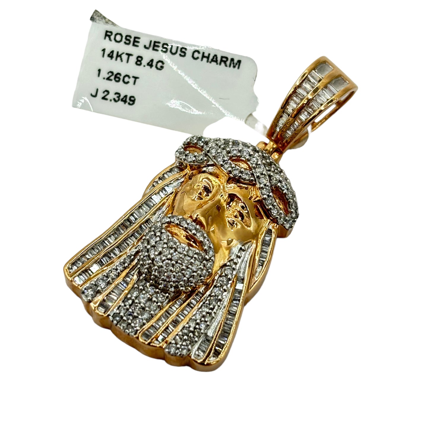 SOLID 14KT GOLD BAGUETTE AND ROUND VVS-1 DIAMOND JESUS PENDANT