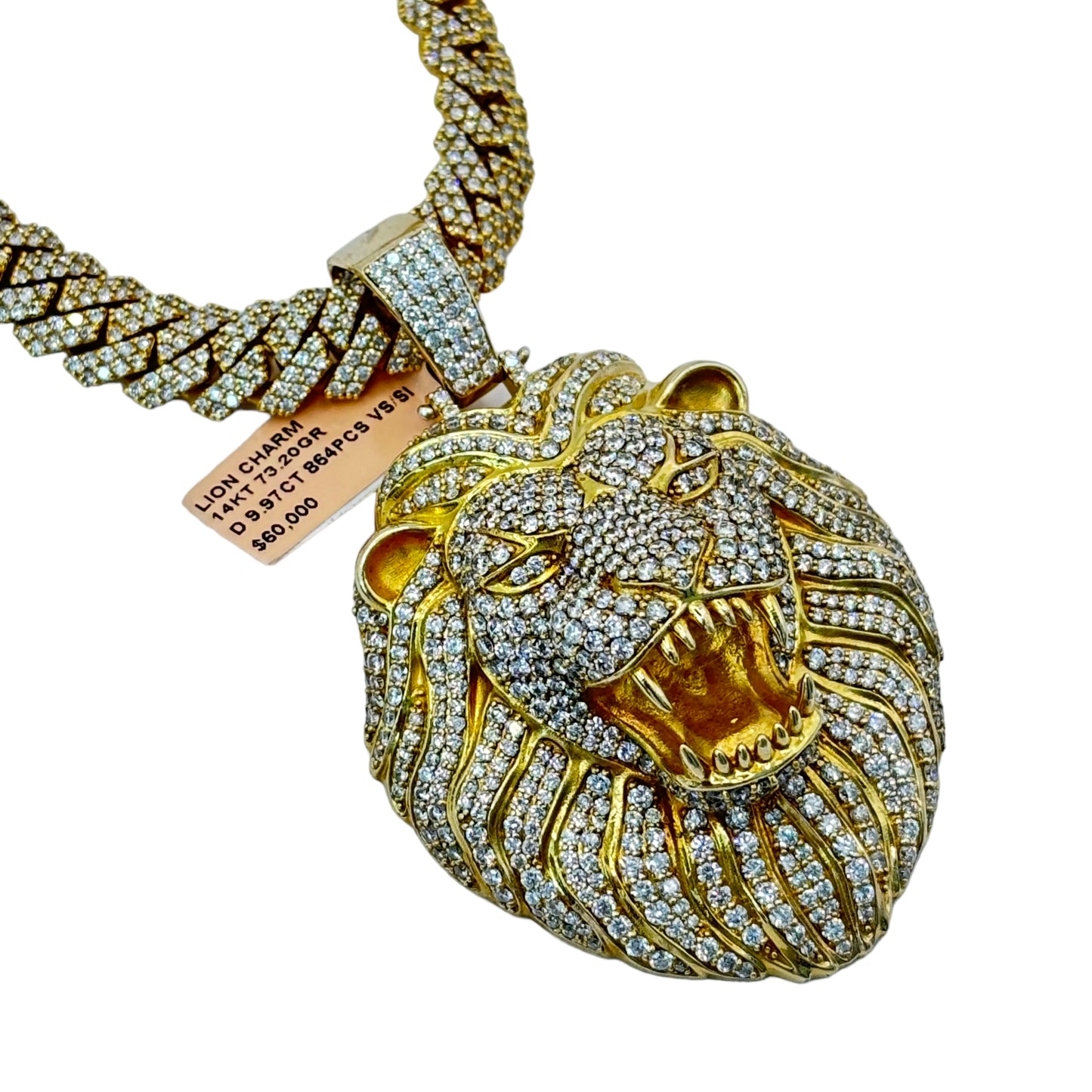 14KT 73.20G VVS-1 9.97CTW NATURAL DIAMOND BIG LION HEAD BUSTDOWN PENDANT