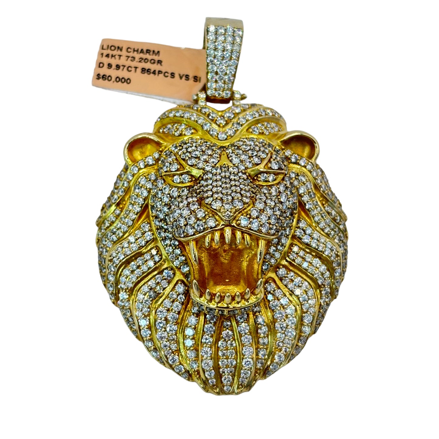14KT 73.20G VVS-1 9.97CTW NATURAL DIAMOND BIG LION HEAD BUSTDOWN PENDANT