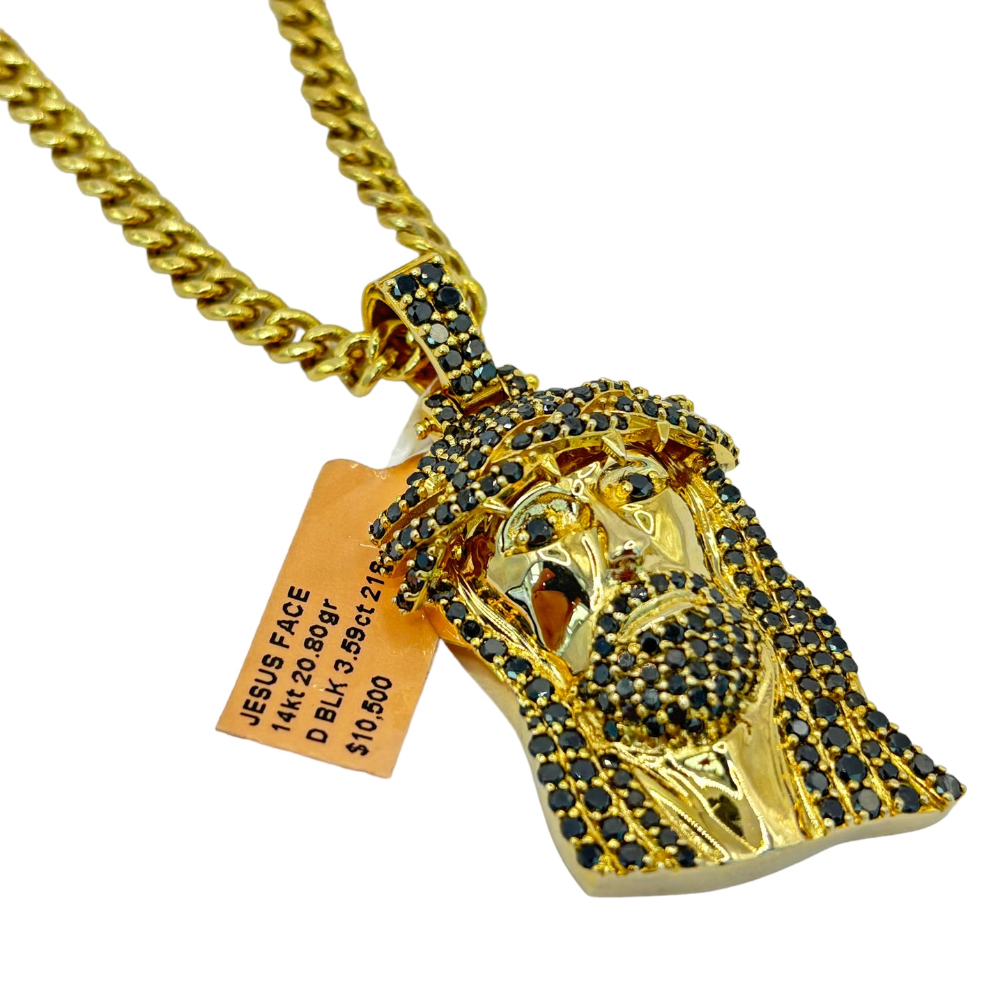 SOLID 14KT GOLD NATURAL BLACK DIAMOND MEDIUM JESUS HEAD PENDANT