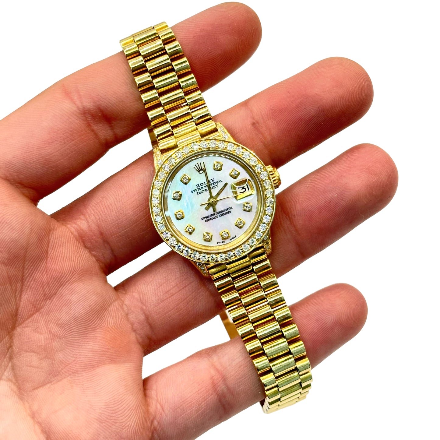 ROLEX DATEJUST 26MM 18KT SOLID GOLD LADIES .90CTW DIAMOND BEZEL & DIAL