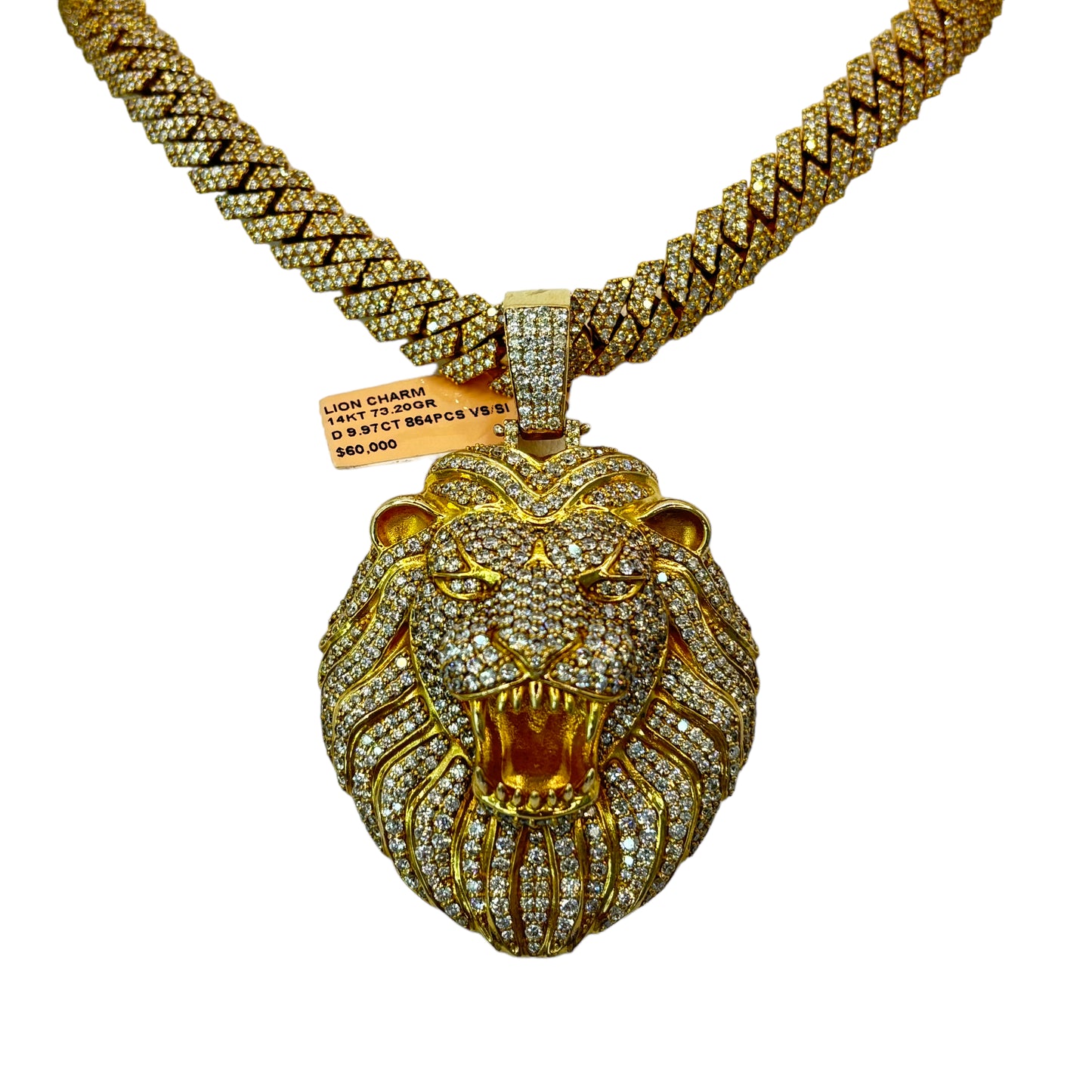 14KT 73.20G VVS-1 9.97CTW NATURAL DIAMOND BIG LION HEAD BUSTDOWN PENDANT