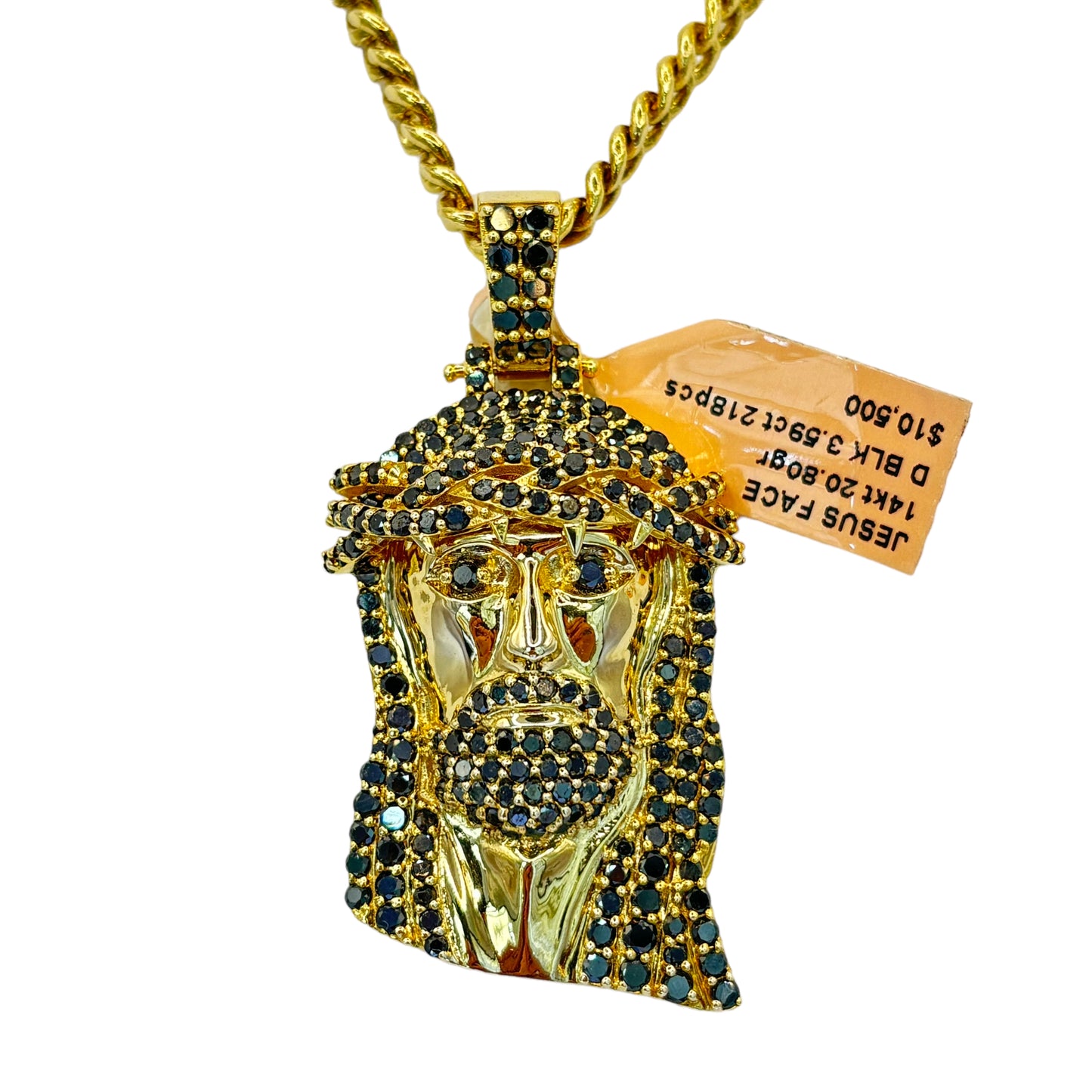 SOLID 14KT GOLD NATURAL BLACK DIAMOND MEDIUM JESUS HEAD PENDANT