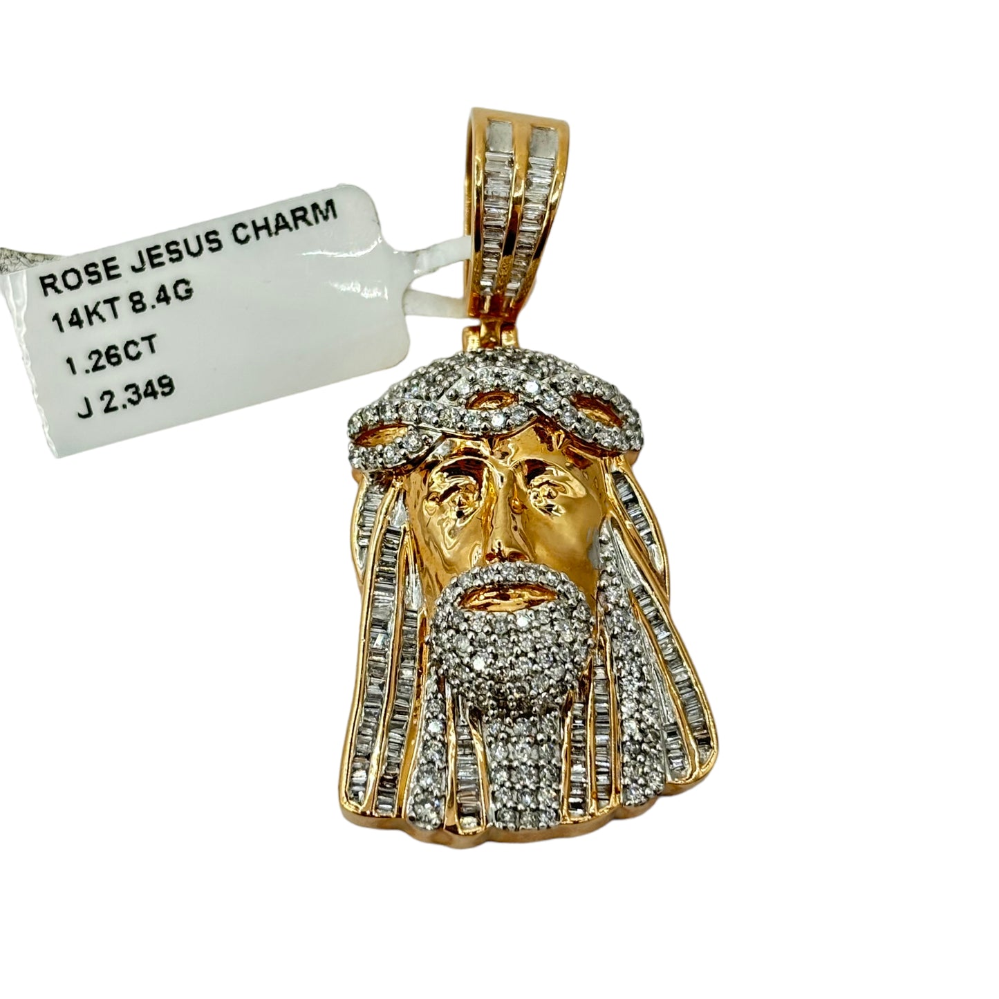 SOLID 14KT GOLD BAGUETTE AND ROUND VVS-1 DIAMOND JESUS PENDANT