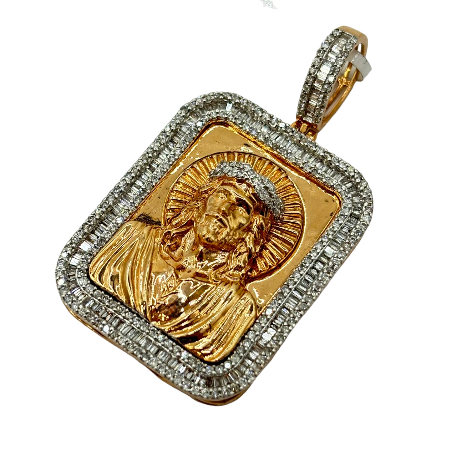 SOLID 14KT GOLD VVS-1 NATURAL DIAMOND JESUS BAGUETTE BORDER PENDANT