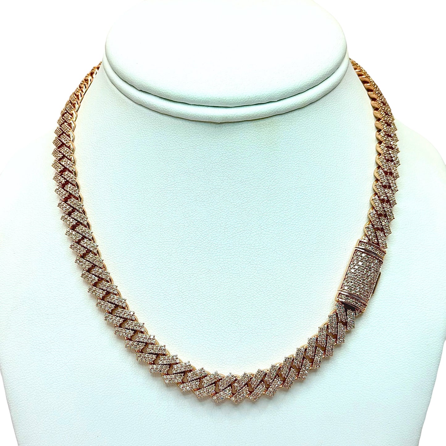 10KT ROSE GOLD PRONG SET BUSTDOWN CUBAN LINK CHAIN 10MM 16”