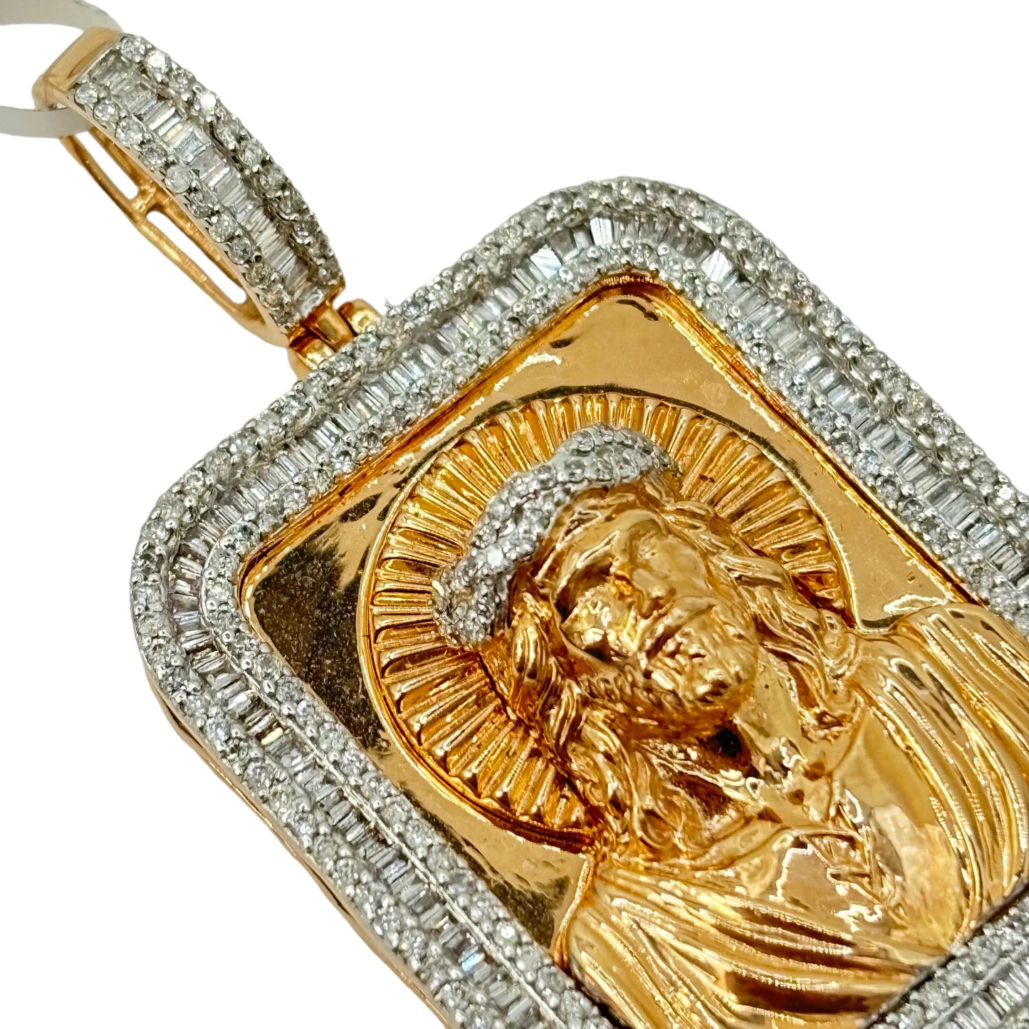SOLID 14KT GOLD VVS-1 NATURAL DIAMOND JESUS BAGUETTE BORDER PENDANT