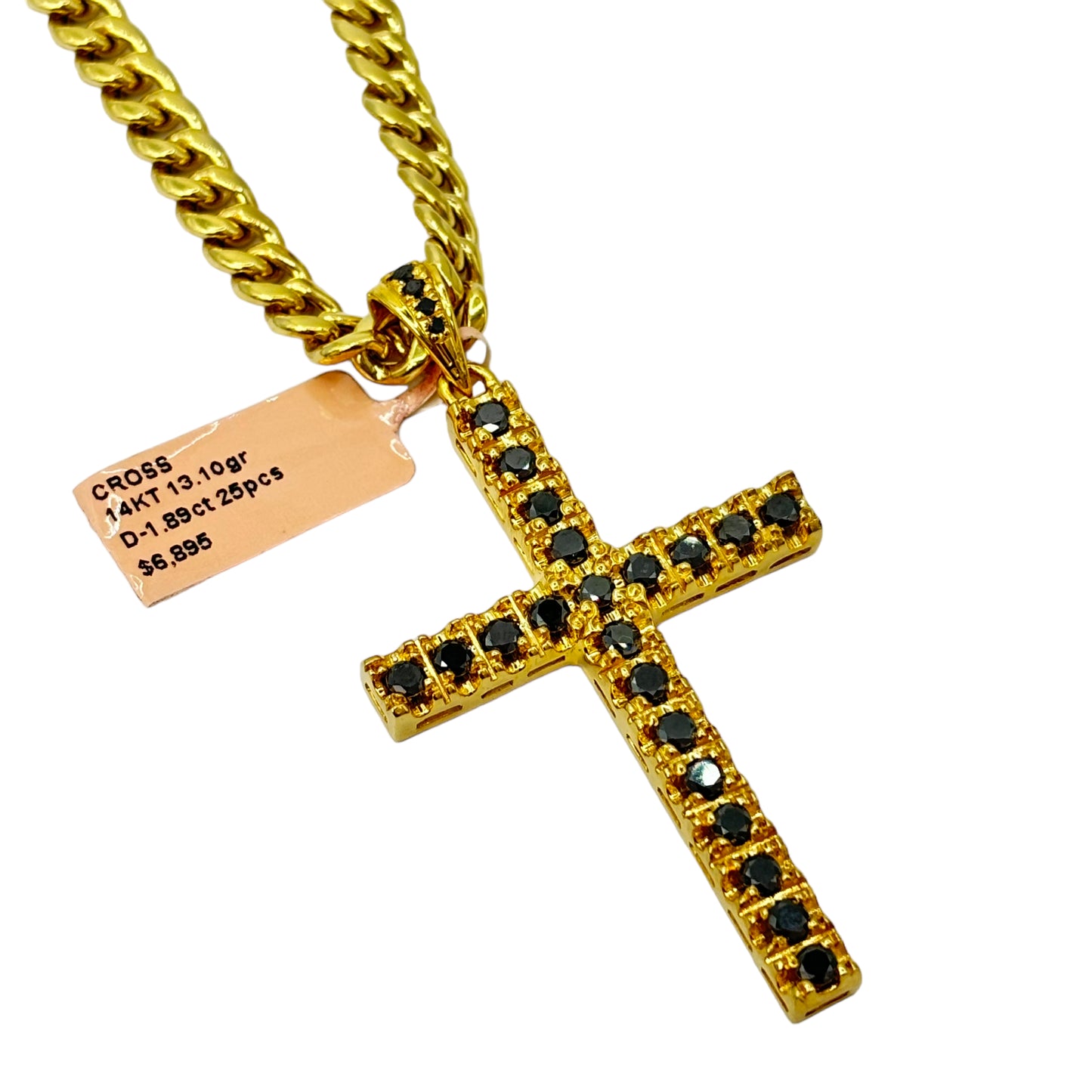 SOLID 14KT NATURAL BLACK DIAMOND CROSS PENDANT