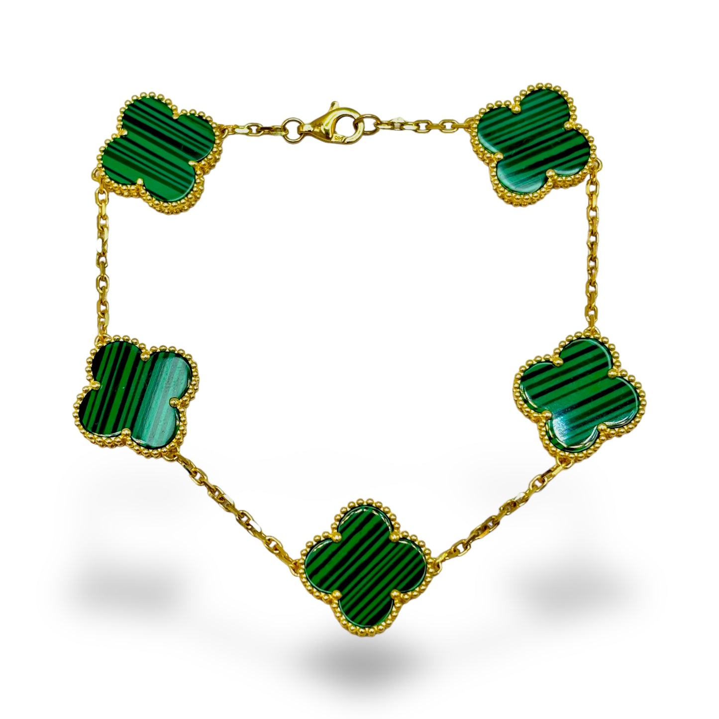 5 CLOVER 14Kt YELLOW w/ GREEN MALACHITE BRACELET
