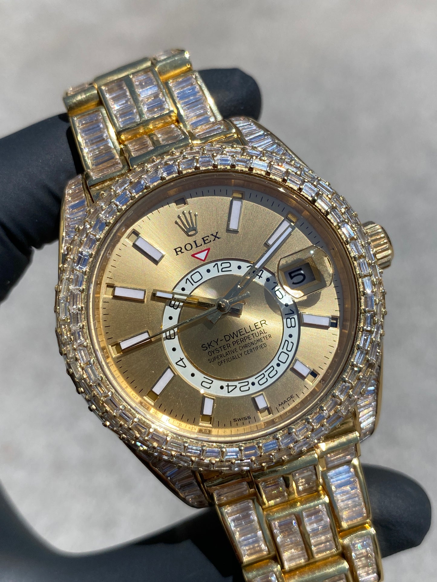 ROLEX SKY-DWELLER 42MM FULL VVS-1 BAGUETTE “CHANDELIER” BUSTDOWN 30CTW. NATURAL DIAMONDS