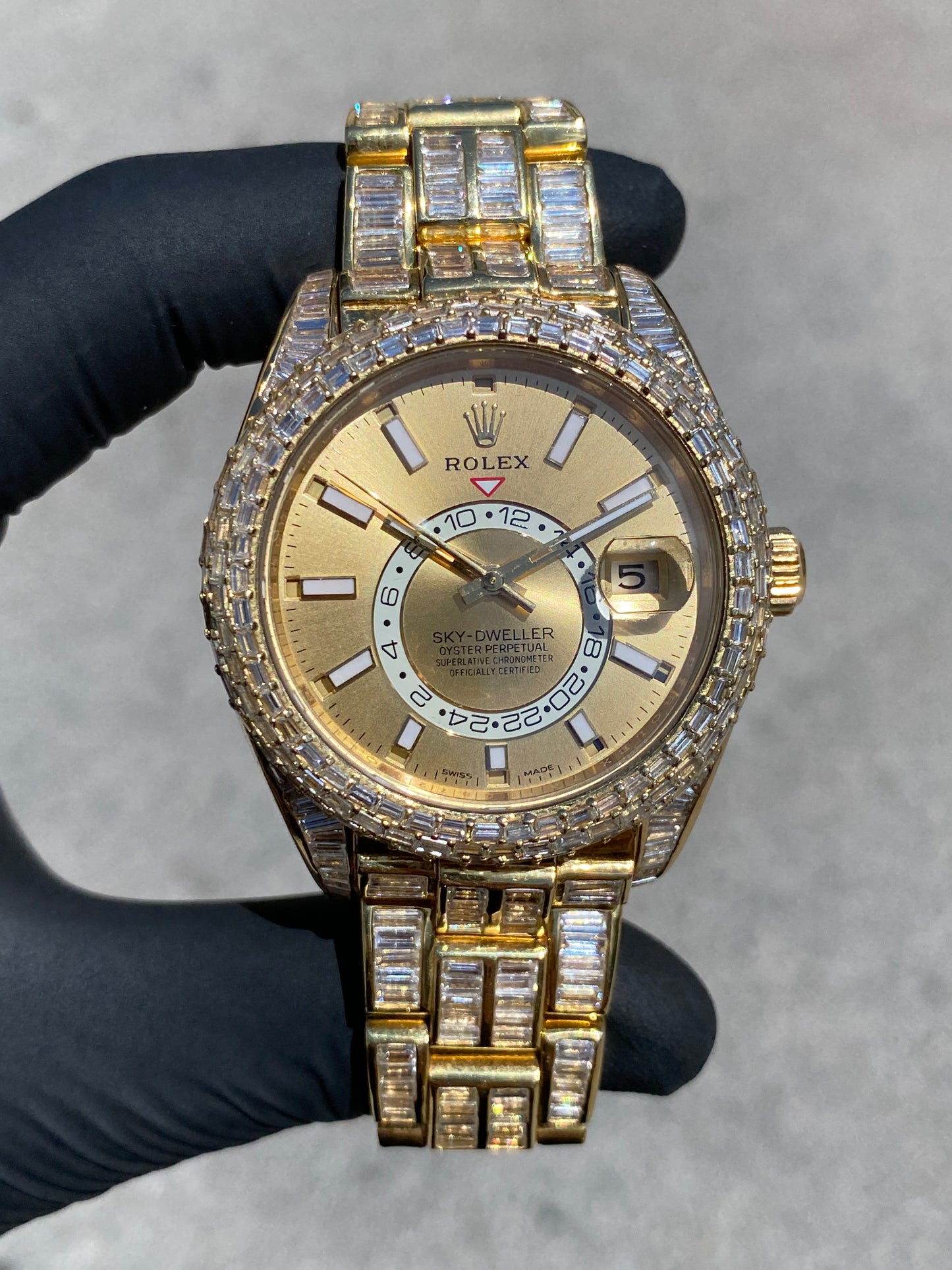 ROLEX SKY-DWELLER 42MM FULL VVS-1 BAGUETTE “CHANDELIER” BUSTDOWN 30CTW. NATURAL DIAMONDS