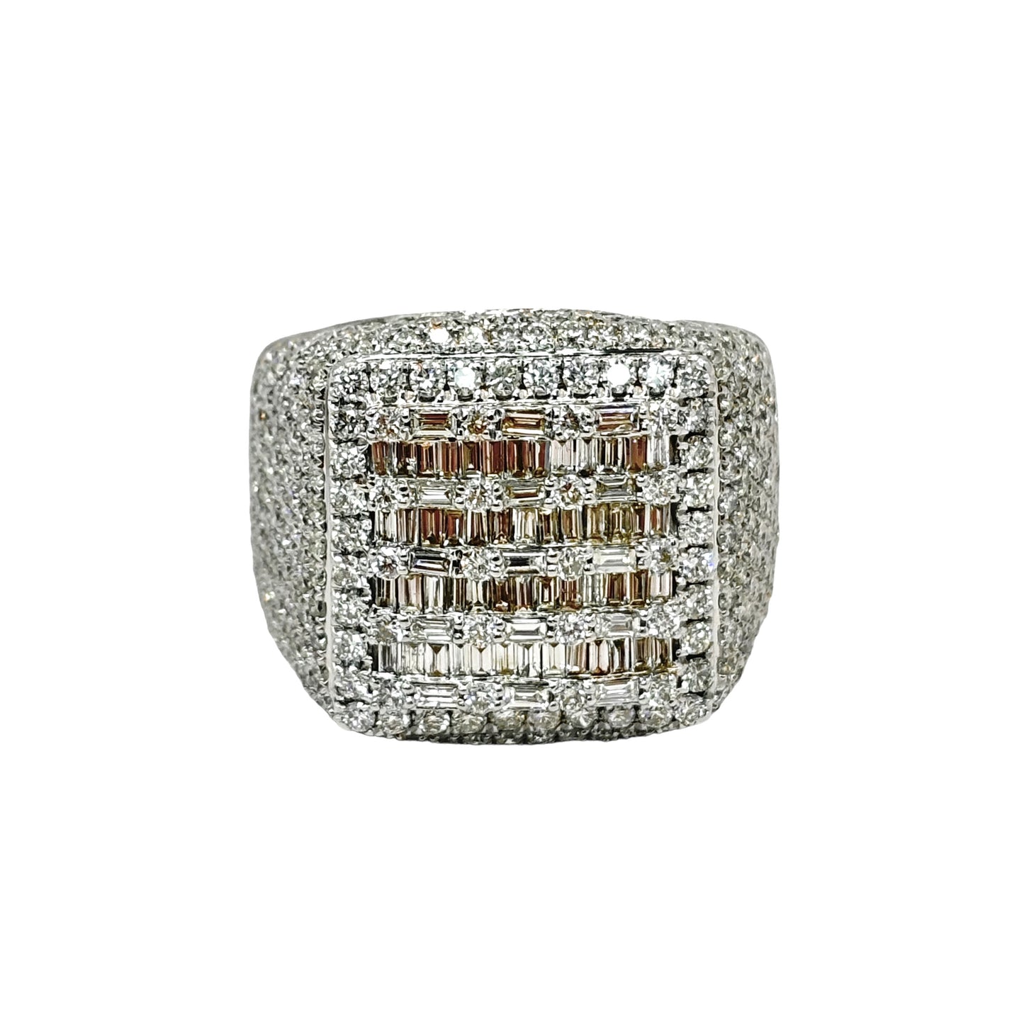 14Kt BAGUETTE & ROUND DIAMOND SQUARE TOP MENS RING 6CTW | 14 GRAMS