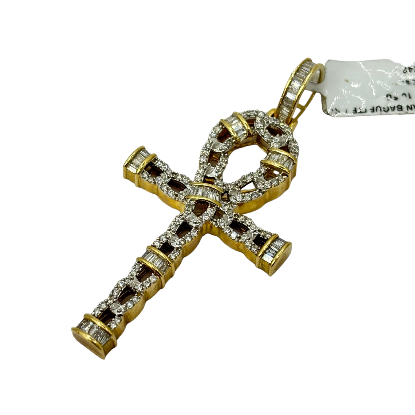 SOLID 14KT GOLD BAGUETTE AND ROUND VVS-1 DIAMOND ANKH CROSS PENDANT