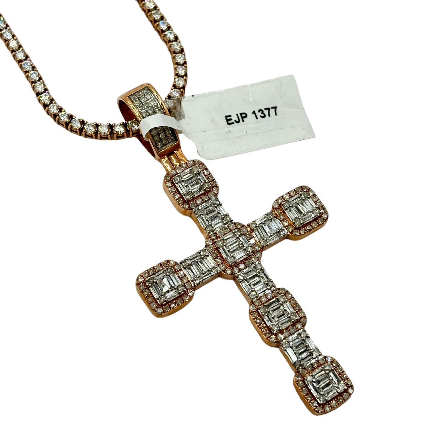 SOLID 14KT GOLD BAGUETTE AND ROUND VVS-1 DIAMOND HYBRID CLUSTER CROSS PENDANT