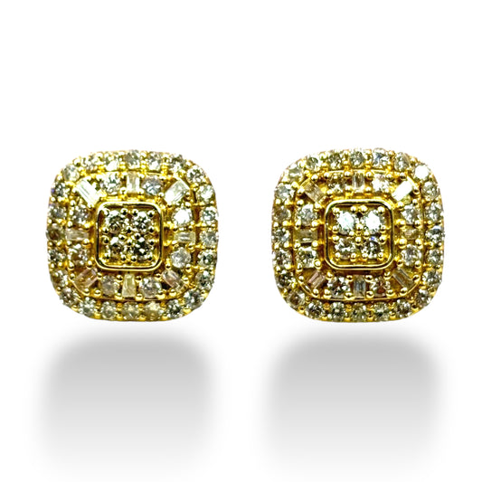 14KT YELLOW GOLD SQUARE DIAMOND CLUSTER STUDS 1.00CT