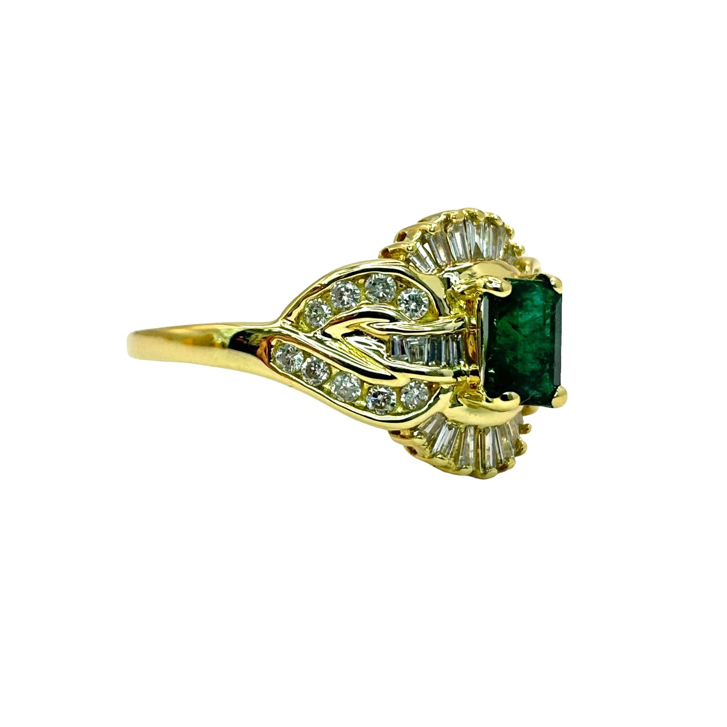 14Kt LADIES EMERALD SOLITAIRE AND DIAMOND ENCRUSTED RING. 1CTW EMERALD | .80CTW DIAMOND