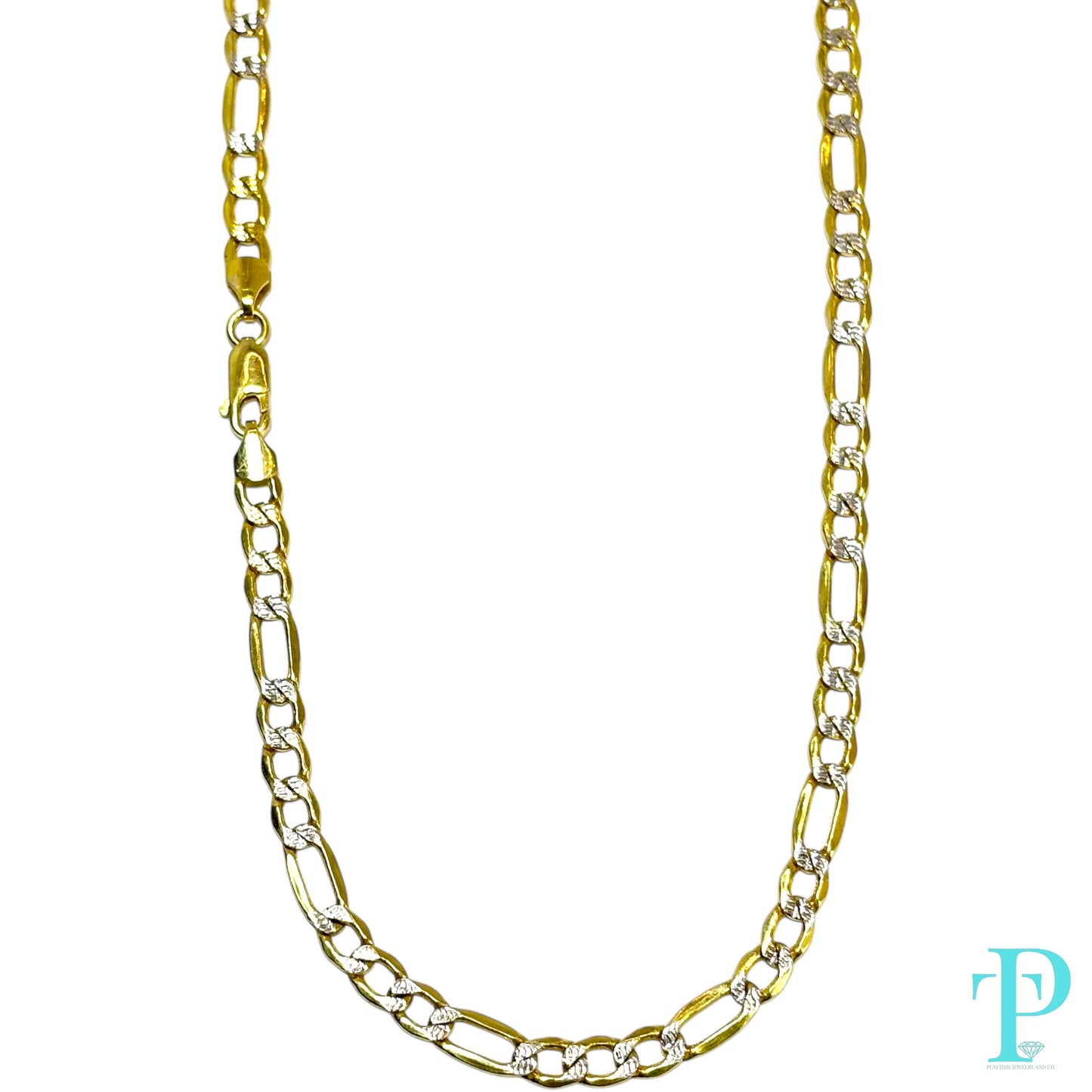 5MM 14KT HOLLOW YELLOW GOLD TWO TONE DIAMOND CUT FIGARO LINK CHAIN 10.79g 22”