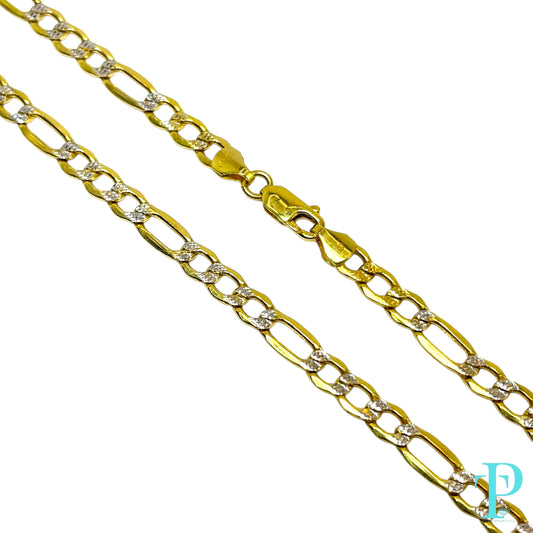 5MM 14KT HOLLOW YELLOW GOLD TWO TONE DIAMOND CUT FIGARO LINK CHAIN 10.79g 22”