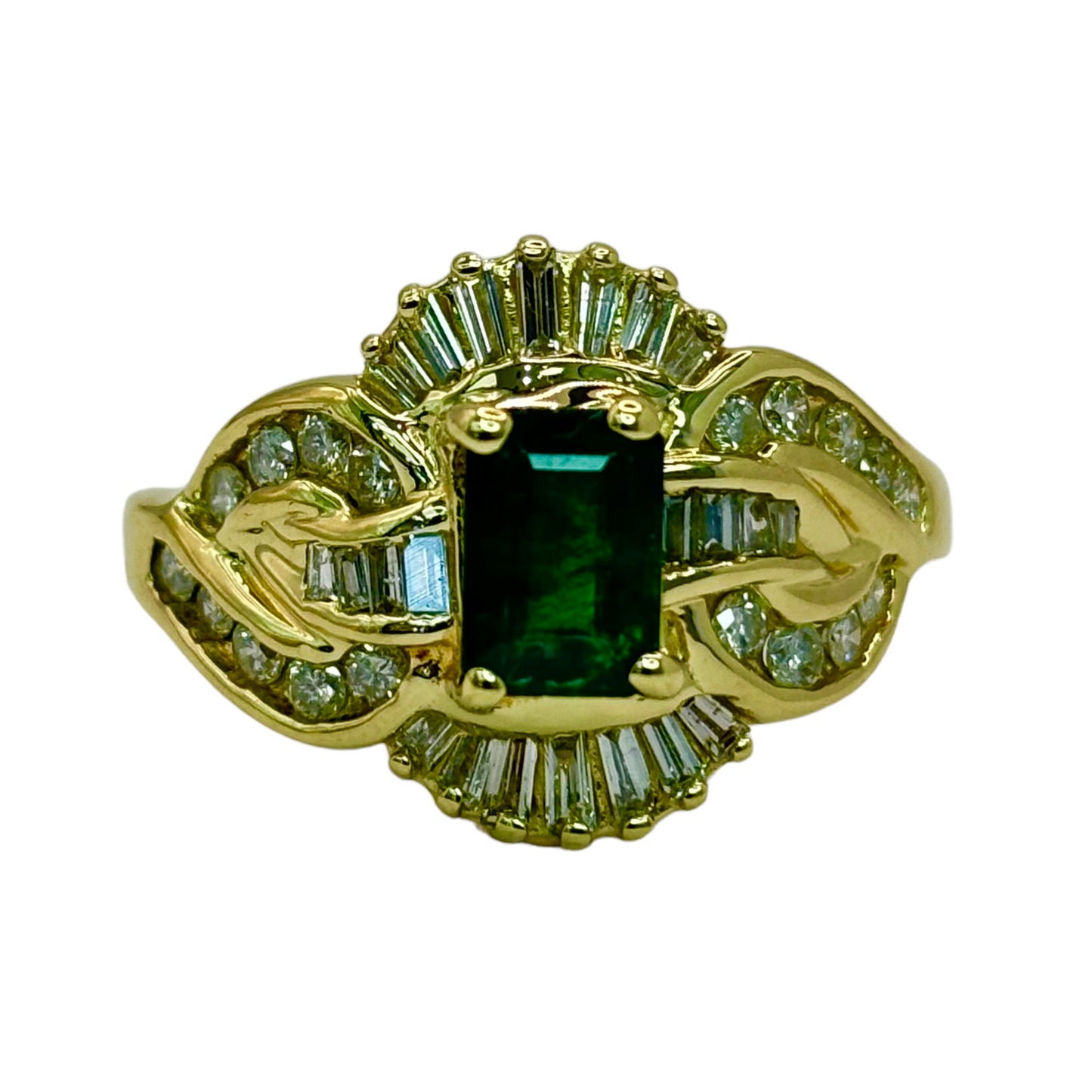 14Kt LADIES EMERALD SOLITAIRE AND DIAMOND ENCRUSTED RING. 1CTW EMERALD | .80CTW DIAMOND