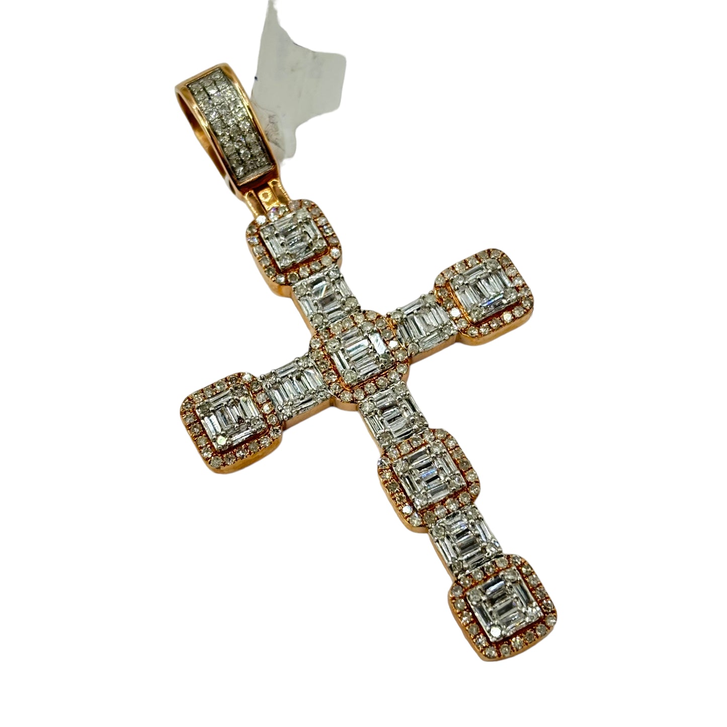 SOLID 14KT GOLD BAGUETTE AND ROUND VVS-1 DIAMOND HYBRID CLUSTER CROSS PENDANT