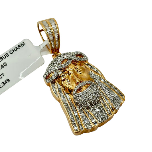 SOLID 14KT GOLD BAGUETTE AND ROUND VVS-1 DIAMOND JESUS PENDANT