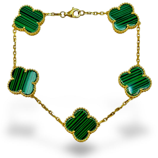 5 CLOVER 14Kt YELLOW w/ GREEN MALACHITE BRACELET