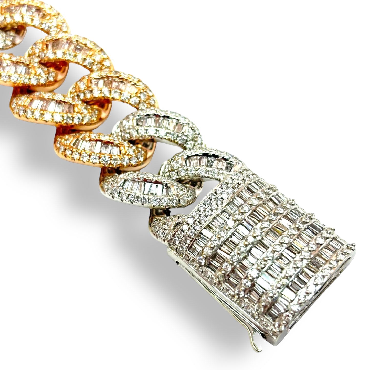 15MM 14KT WHITE AND ROSE GOLD BAGUETTE DIAMOND MIAMI CUBAN LINK BRACELET 13.93 CTW