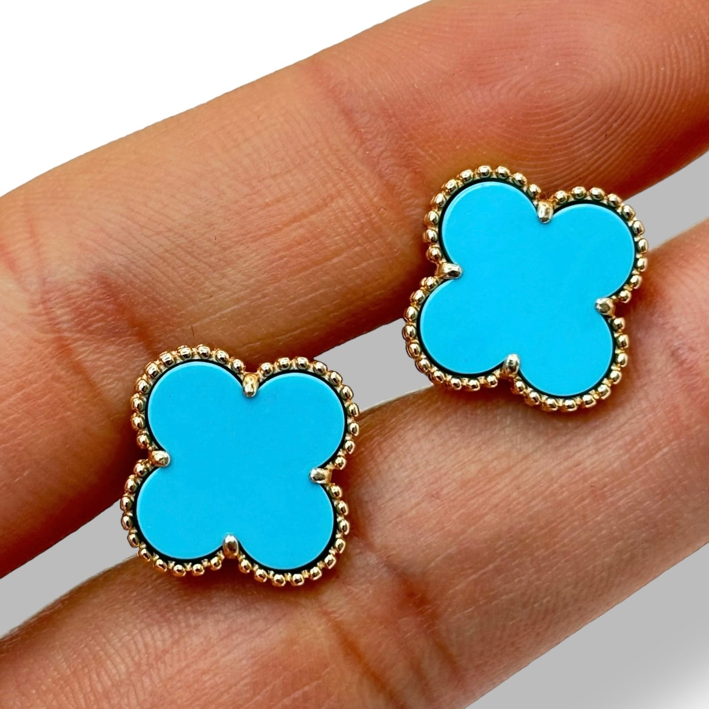 14KT ROSE GOLD BLUE TURQUOISE CLOVER EARRINGS