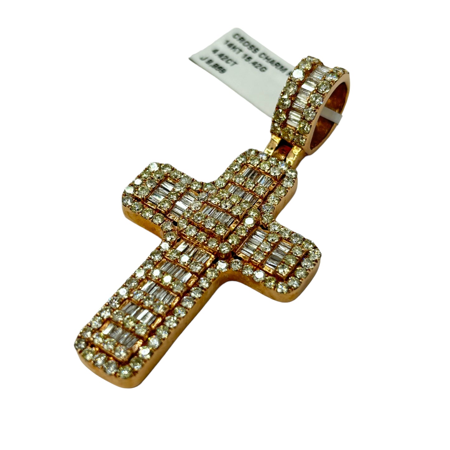 SOLID 14KT BIG BAGUETTE & ROUND VVS-1 DIAMOND ROSE GOLD CROSS PENDANT