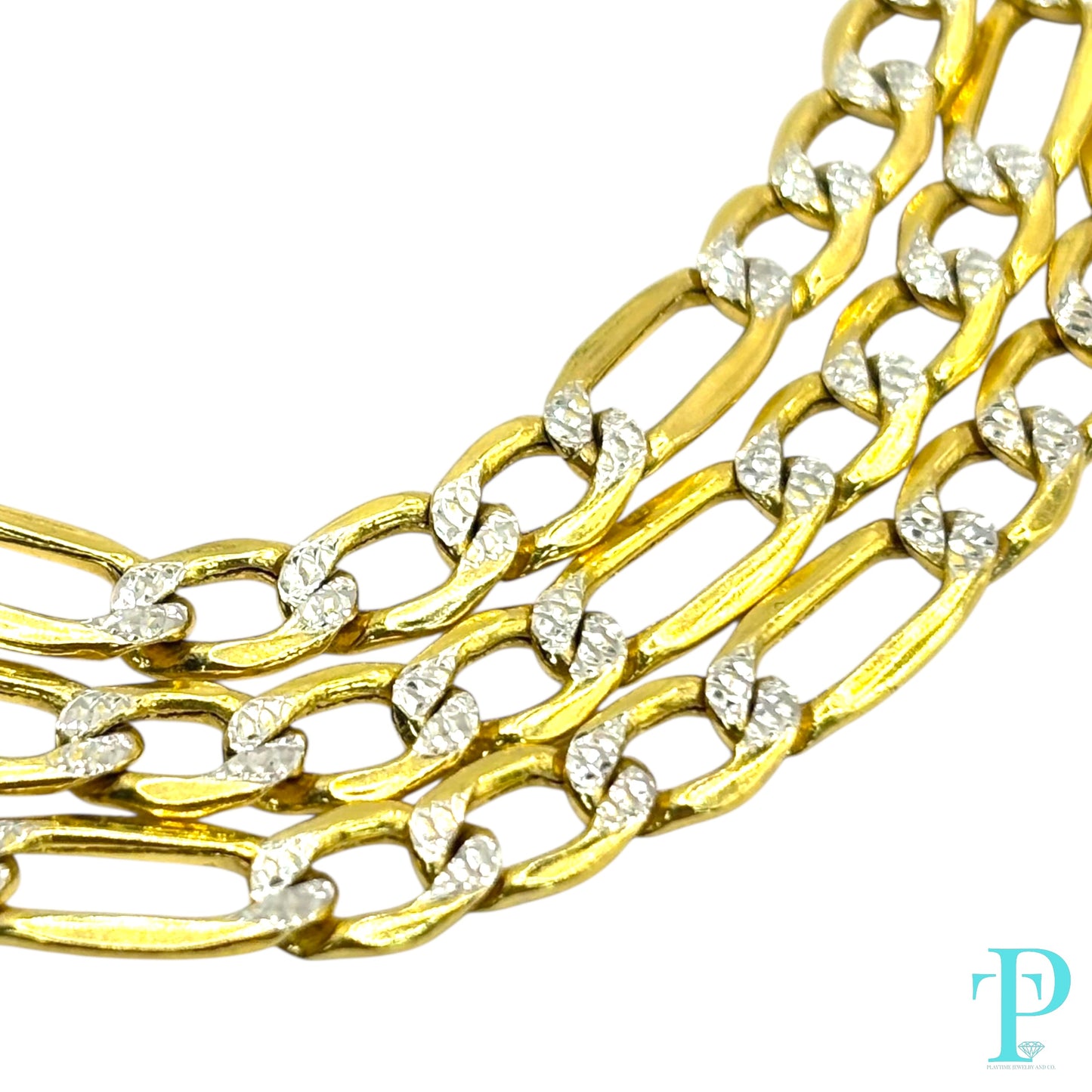 5MM 14KT HOLLOW YELLOW GOLD TWO TONE DIAMOND CUT FIGARO LINK CHAIN 10.79g 22”