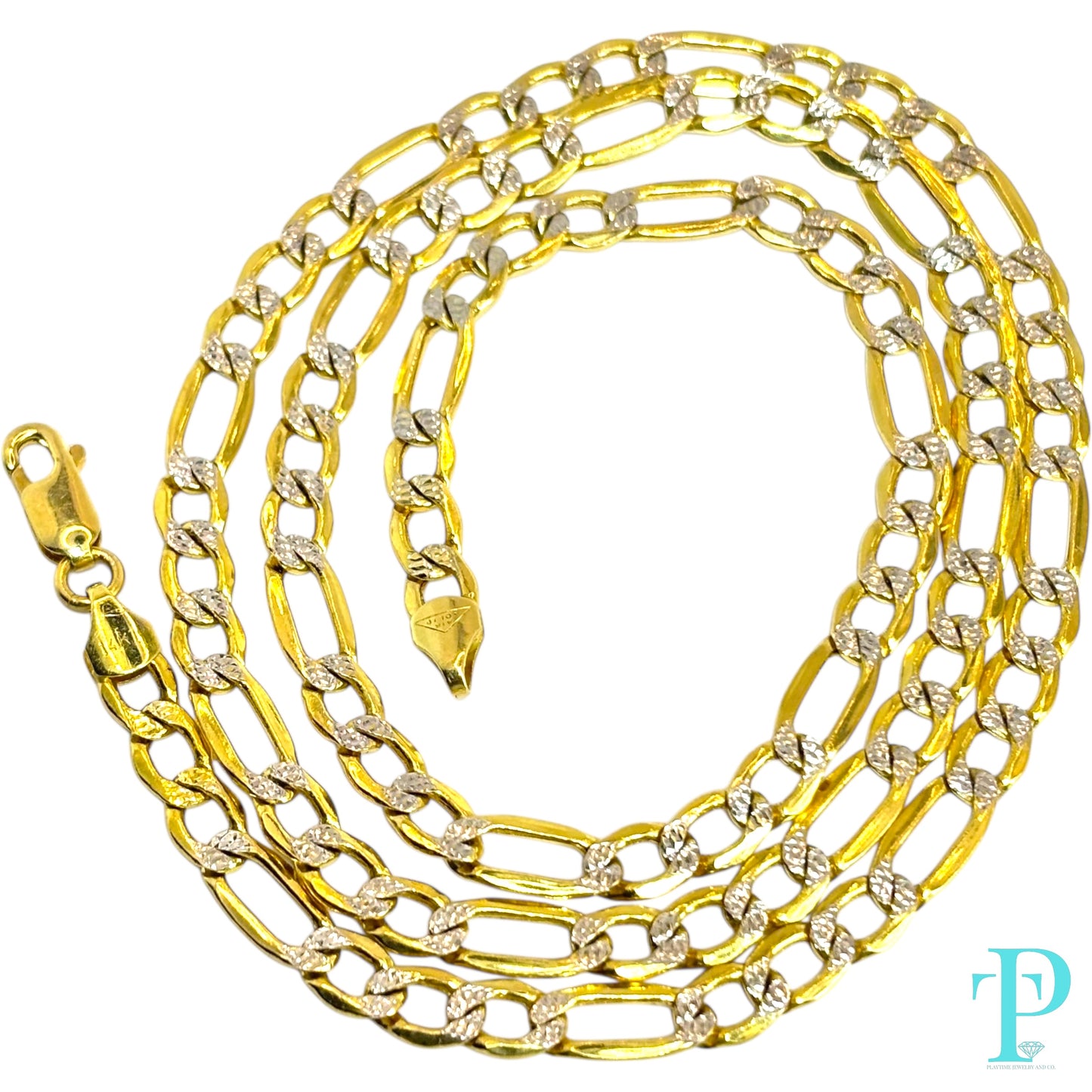 5MM 14KT HOLLOW YELLOW GOLD TWO TONE DIAMOND CUT FIGARO LINK CHAIN 10.79g 22”