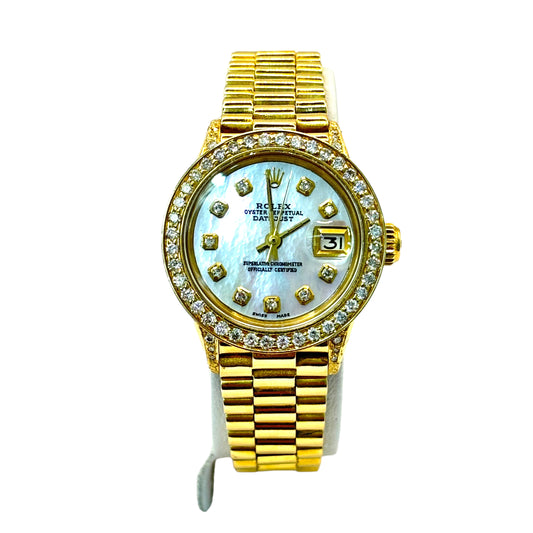 ROLEX DATEJUST 26MM 18KT SOLID GOLD LADIES .90CTW DIAMOND BEZEL & DIAL