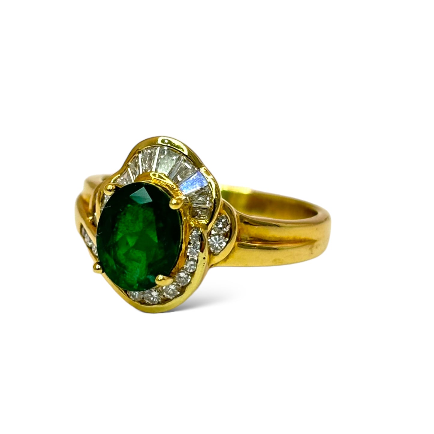 1/1 ESTATE 14KT YELLOW GOLD 1.80 CT EMERALD 1.00 CT DIAMOND RING