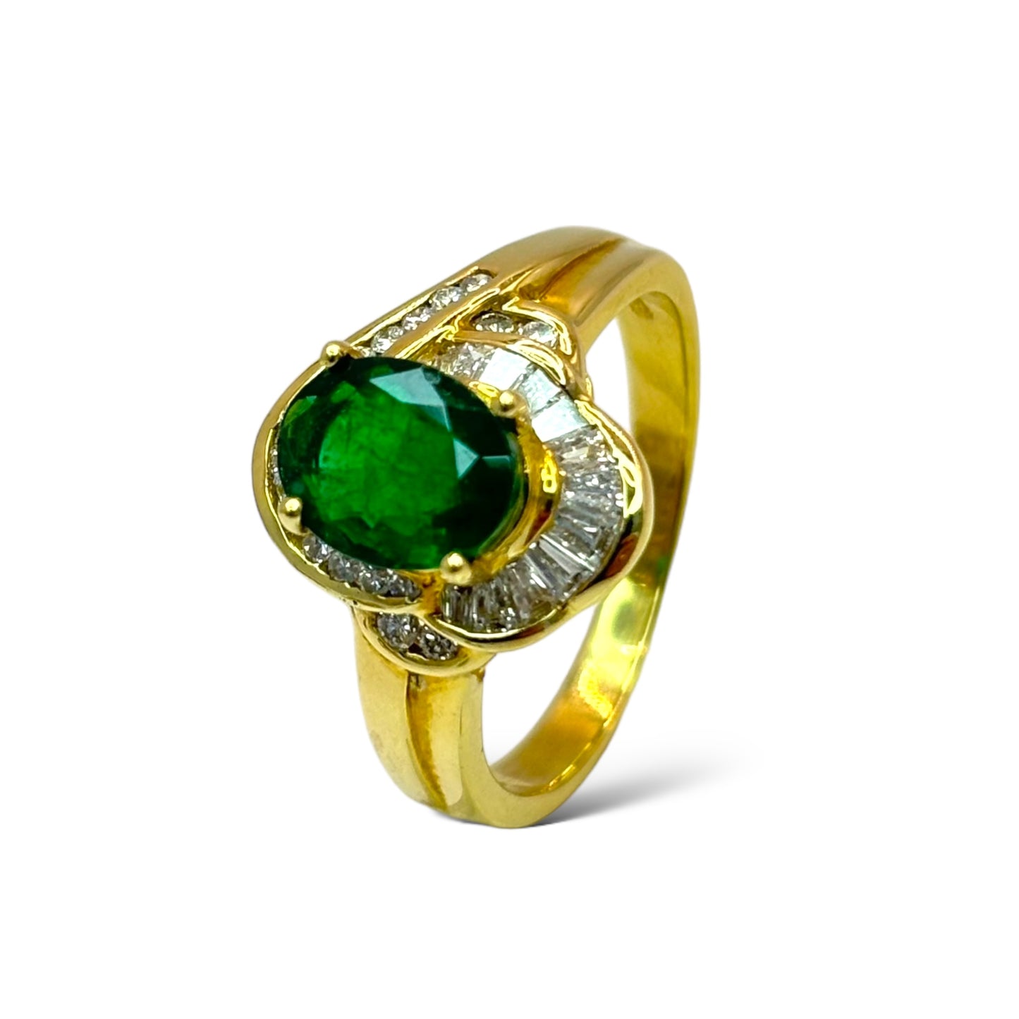 1/1 ESTATE 14KT YELLOW GOLD 1.80 CT EMERALD 1.00 CT DIAMOND RING