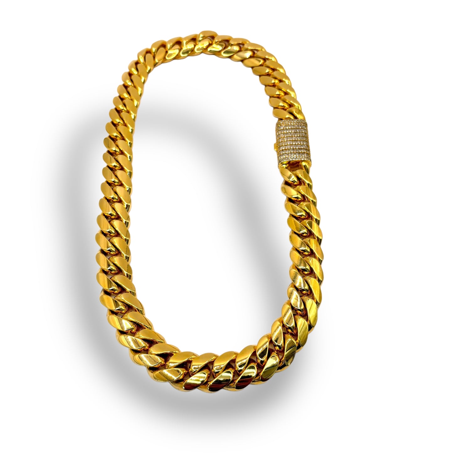 19.5MM 590G 24” 10KT GOLD BAGUETTE DIAMOND LOCK MIAMI CUBAN LINK CHAIN