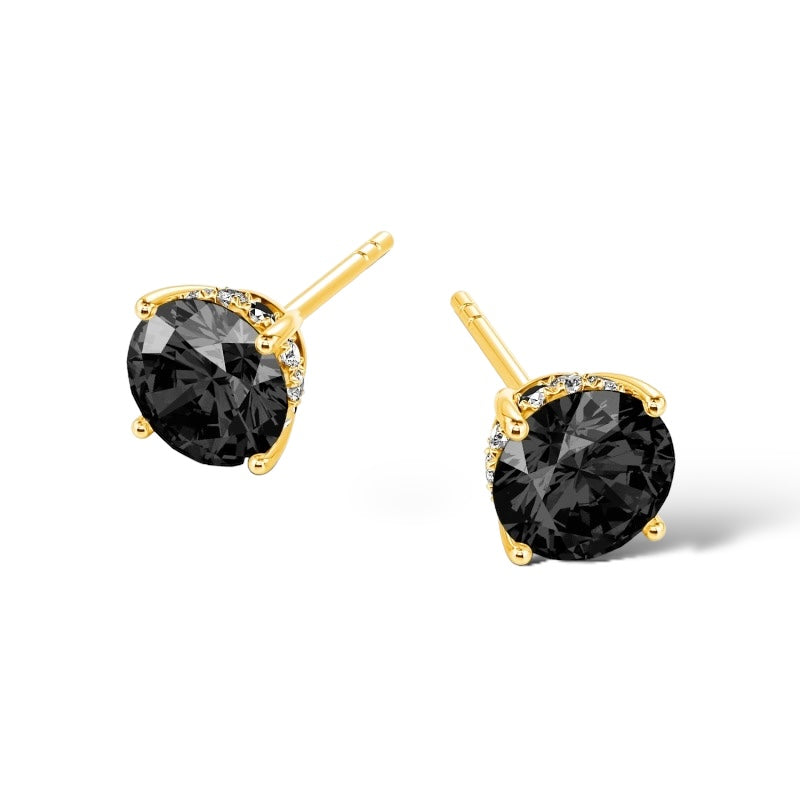 14Kt YELLOW GOLD 2.00CTW NATURAL BLACK ROUND-CUT DIAMOND STUD EARRINGS