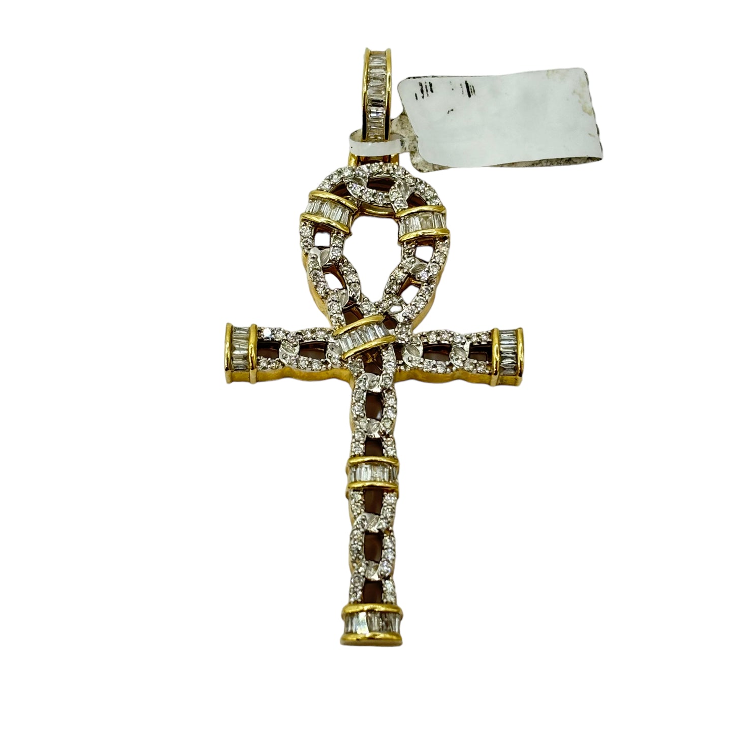 SOLID 14KT GOLD BAGUETTE AND ROUND VVS-1 DIAMOND ANKH CROSS PENDANT