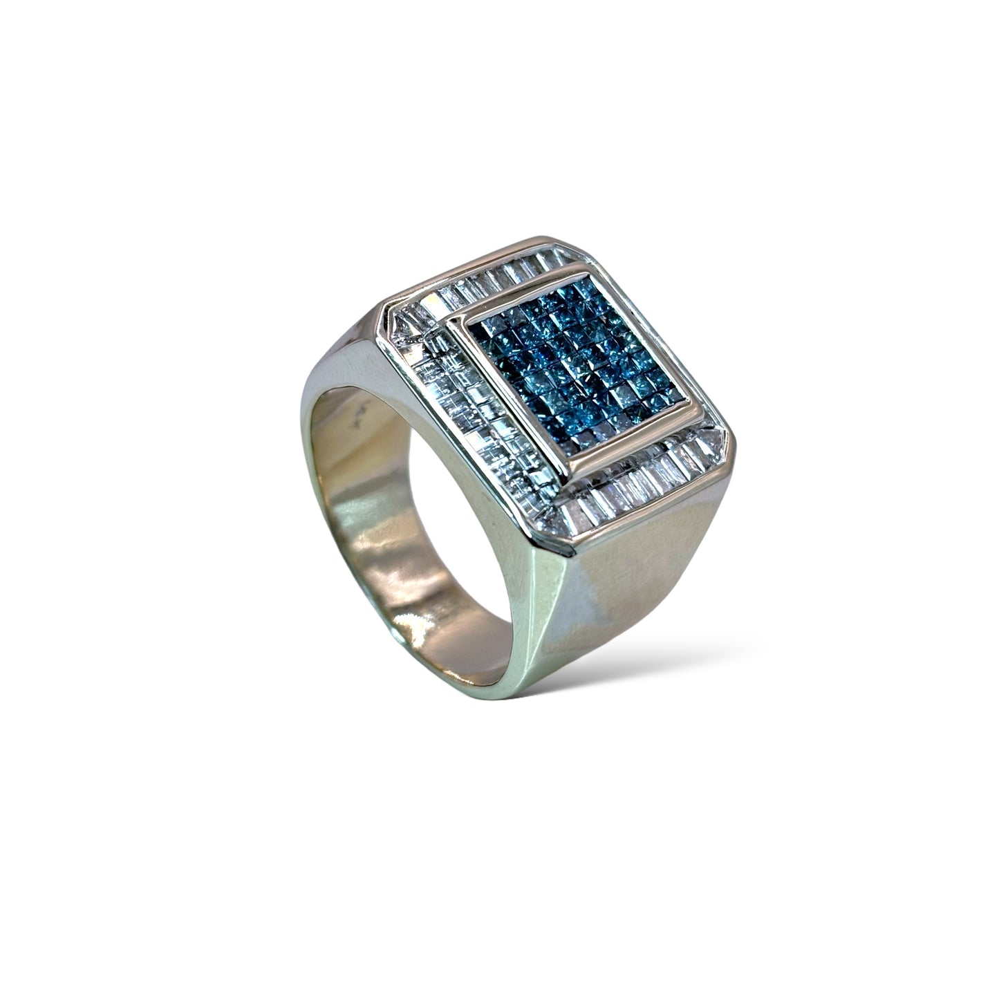 14KT BAGUETTE AND BLUE DIAMOND SQUARE TOP RING 2.60CTW