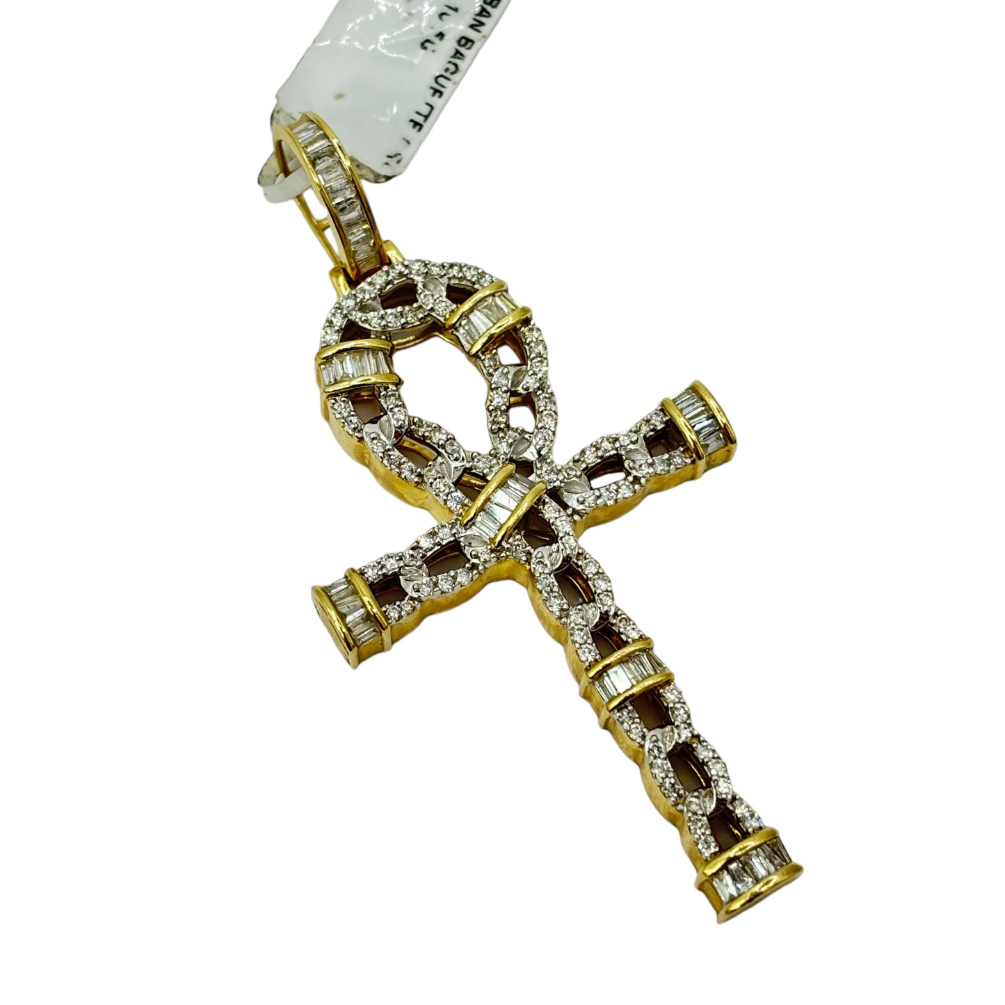 SOLID 14KT GOLD BAGUETTE AND ROUND VVS-1 DIAMOND ANKH CROSS PENDANT