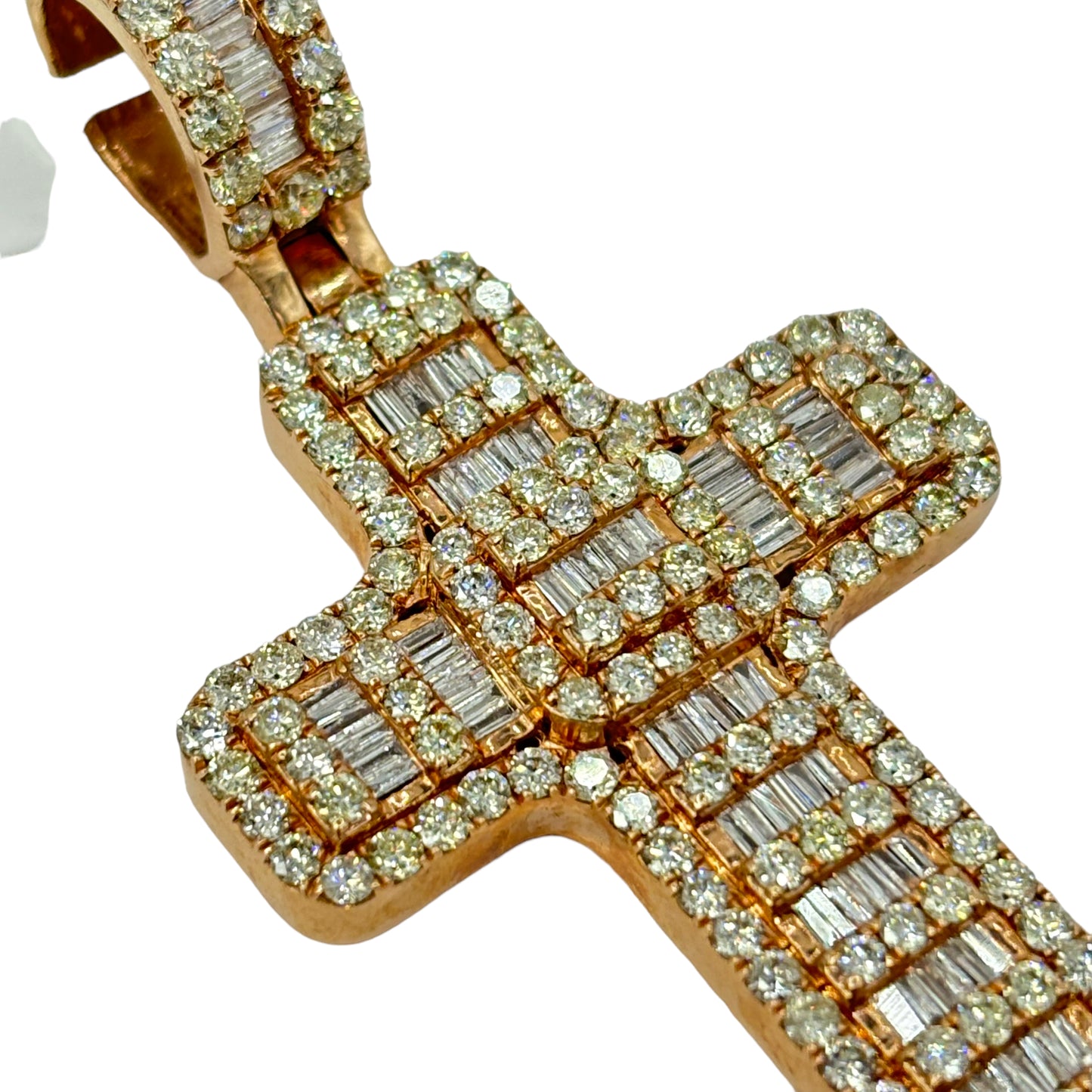 SOLID 14KT BIG BAGUETTE & ROUND VVS-1 DIAMOND ROSE GOLD CROSS PENDANT