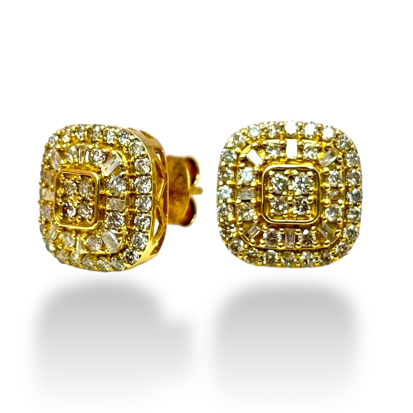 14KT YELLOW GOLD SQUARE DIAMOND CLUSTER STUDS 1.00CT