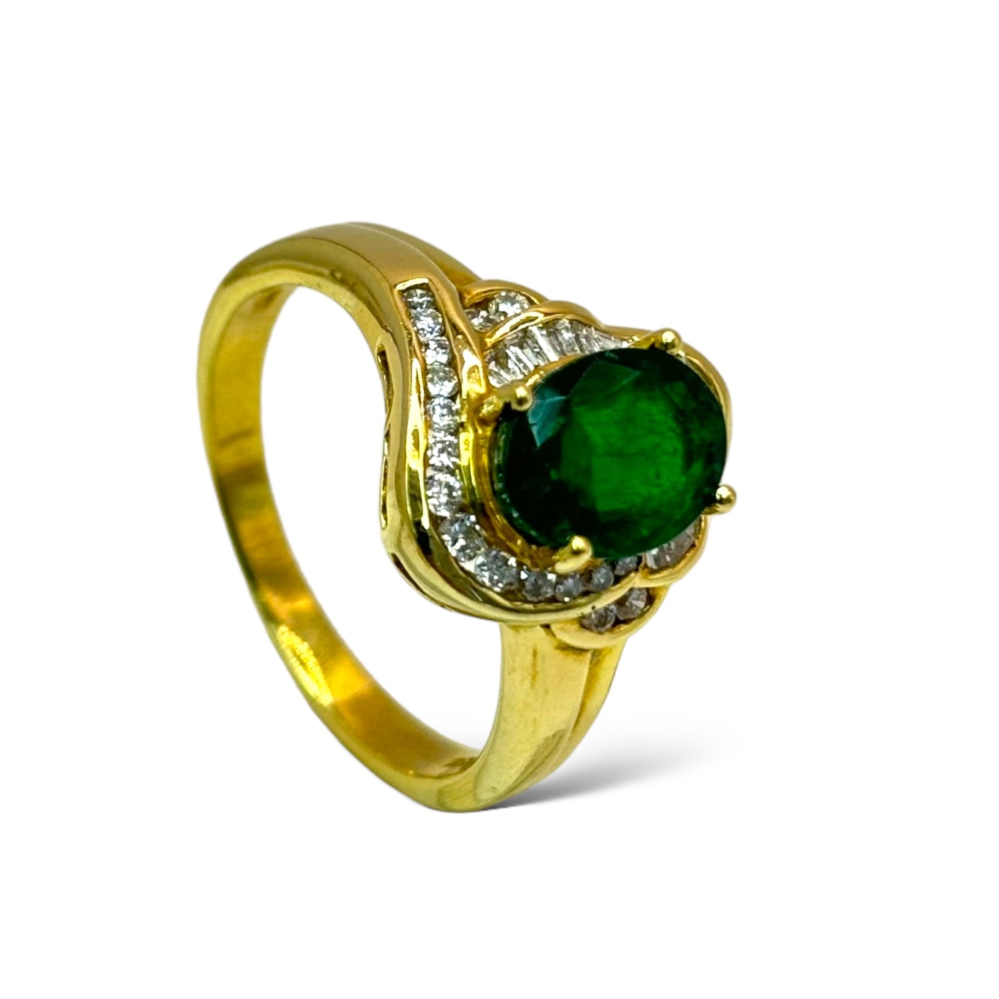 1/1 ESTATE 14KT YELLOW GOLD 1.80 CT EMERALD 1.00 CT DIAMOND RING