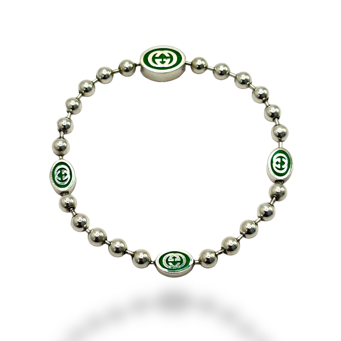 1/1 GUCCI INTERLOCKING G BOULE CHAIN GREEN ENAMEL BRACELET 8”